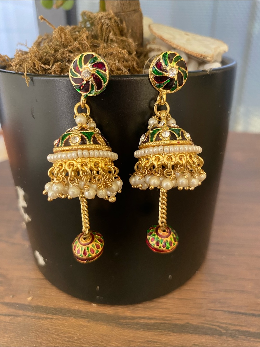 Gold Jhumka Earrings with Green & Red Enamel and Pearl Fringe
